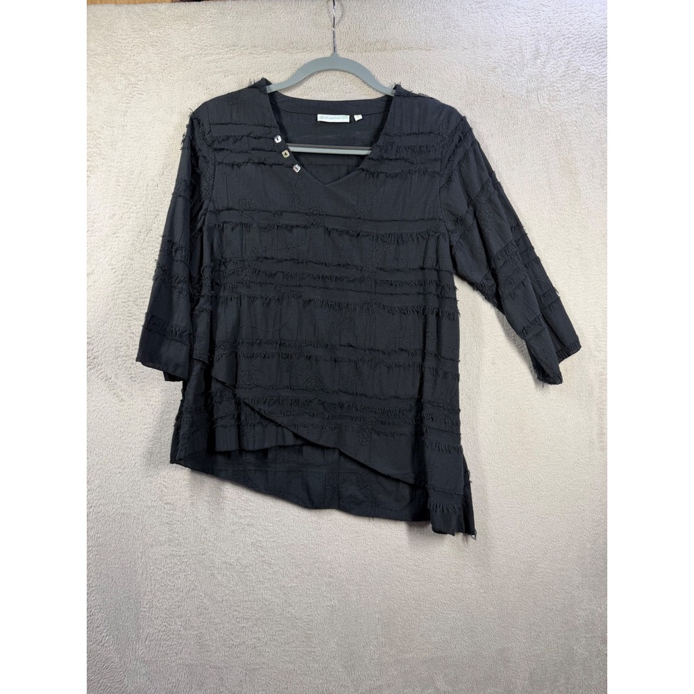 Lulu-B Blouse Women Small Black Embroidered Fringe Asymmetric Boho Cotton Top